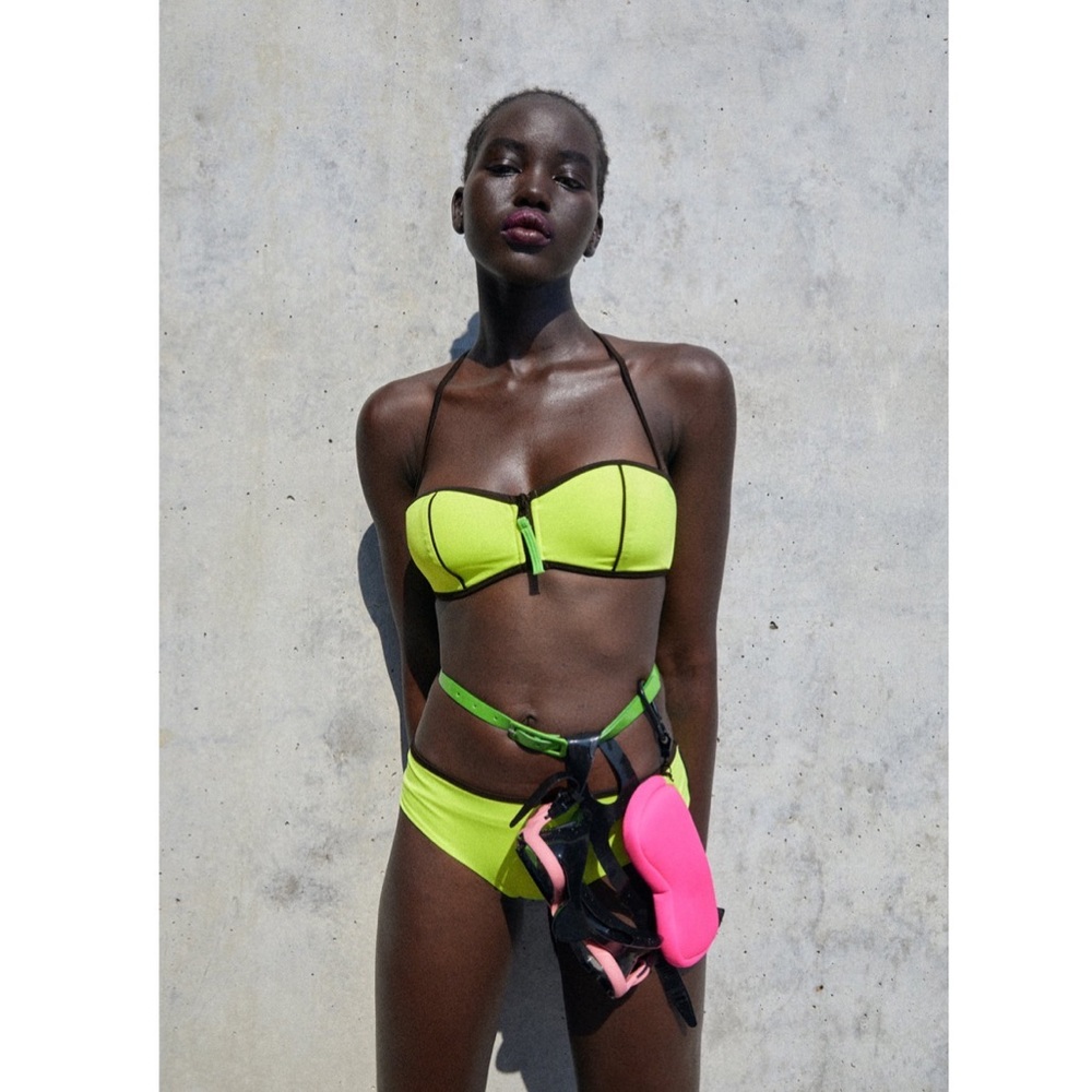NWT ZARA NEON GREEN HIGH WAISTED BIKINI BOTTOM & TOP 2 PCS BEACH